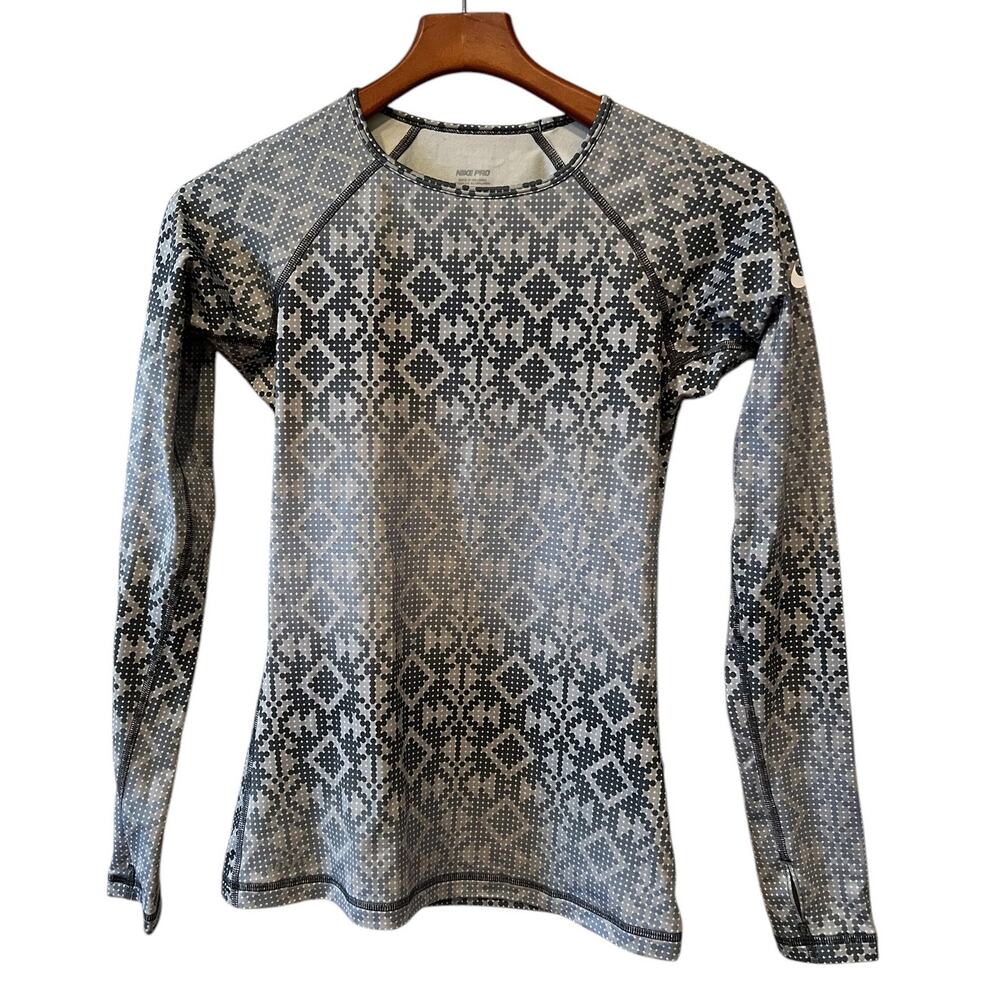 Nike Pro Fleece Lined Long sleeve Base Layer Top Gray Print S